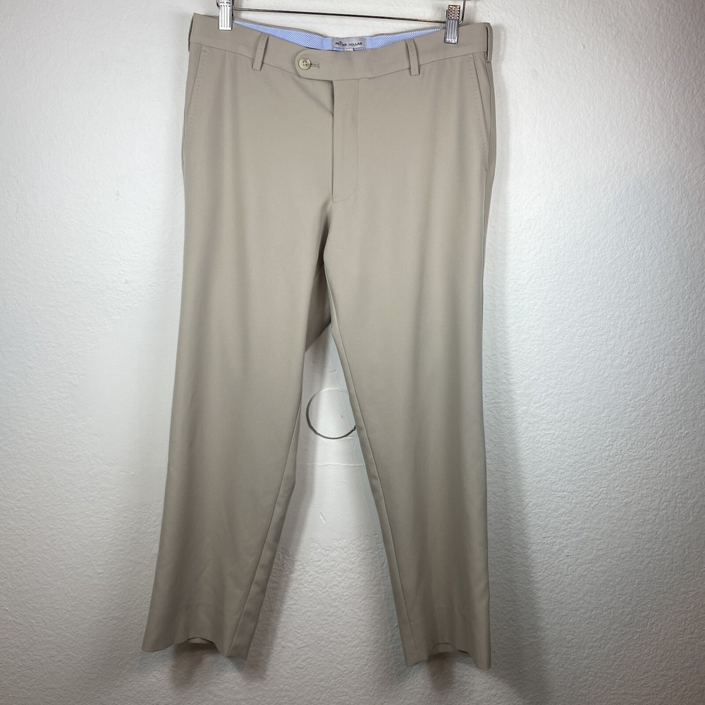 Peter Millar Durham High Drape Performance Pants Men's Sz 32/34 Beige Golf Chino